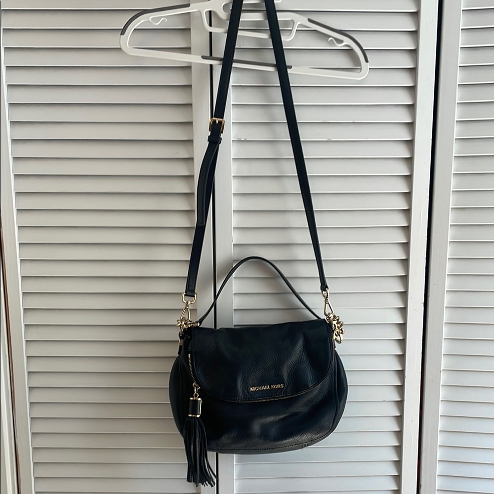 Michael Kors Bedford flap black crossbody handbag with soft pebble leather
